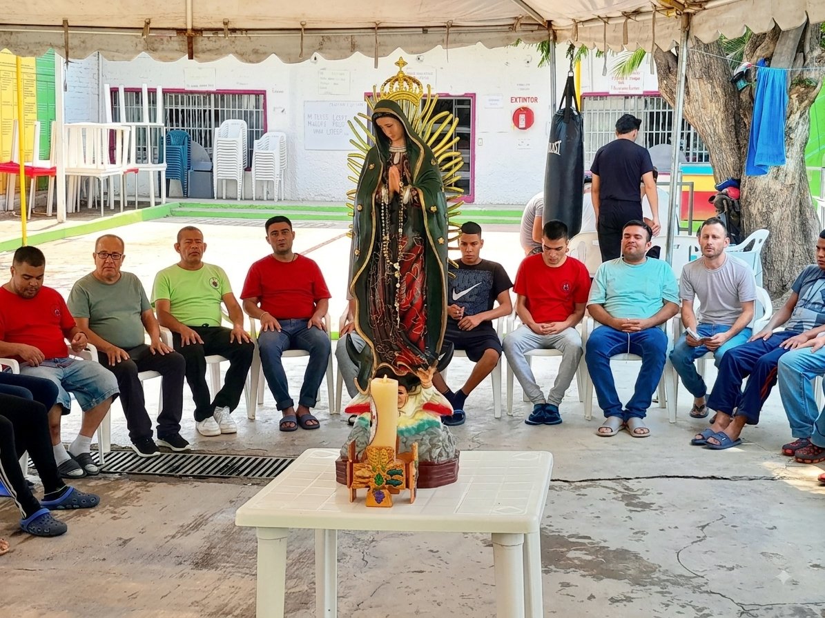 Grupo de pacientes en un momento de recogimiento espiritual ante la Virgen de Guadalupe